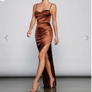Windsor Lola High Slit Satin Dress 2 brown